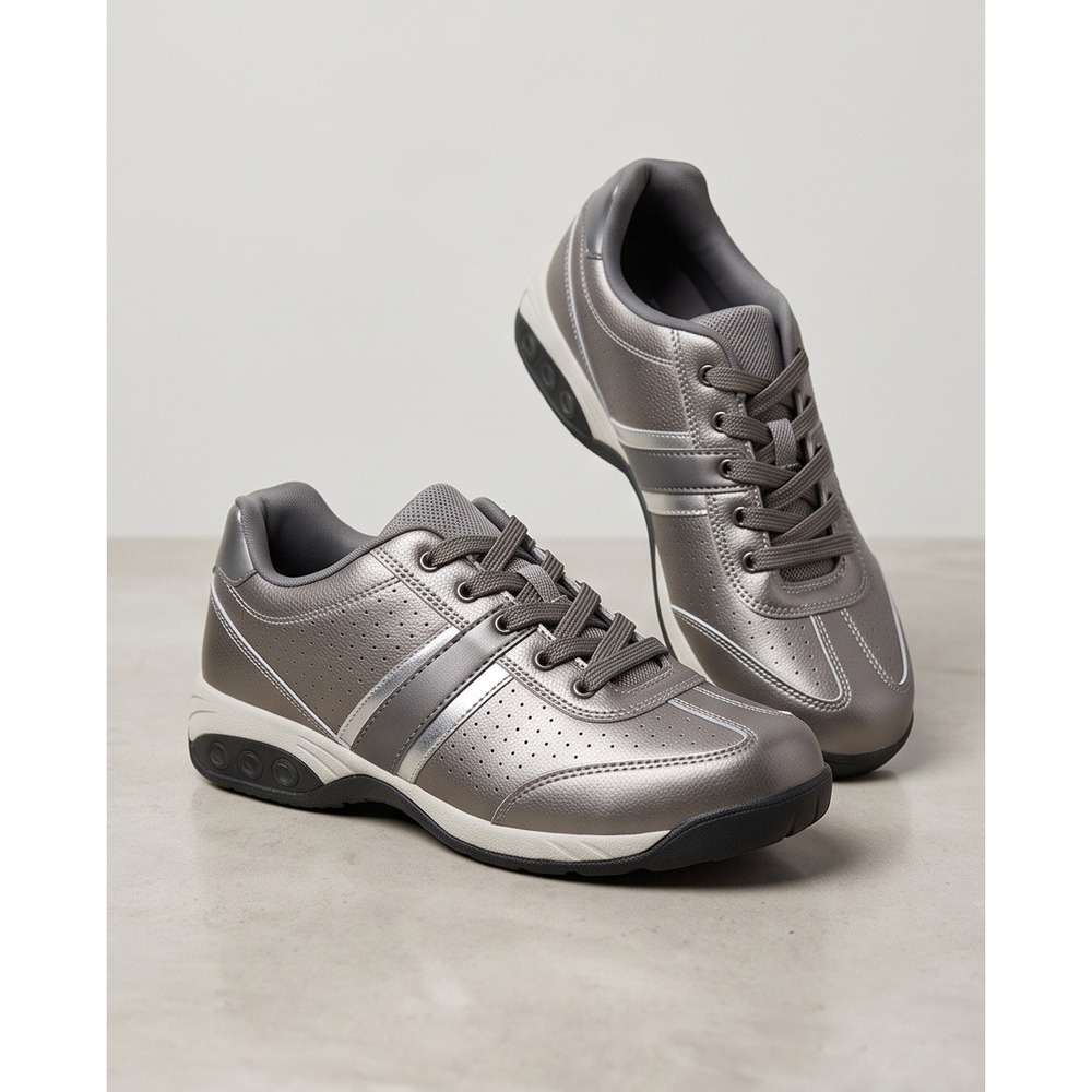 Therafit Womens 7 Pewter Leather Walking Shoes C403121C Metallic Sneakers